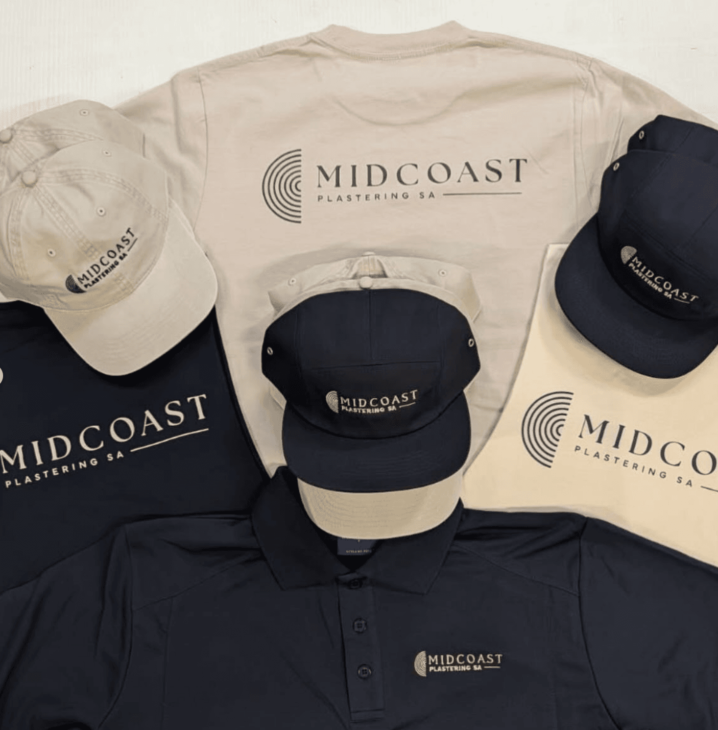 Midcoast Plastering SA branded merchandise — caps, tees and polos